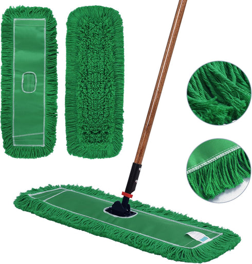 MATTHEW CLEANING 24'' Industrial Strength Cotton Dust Mop Refill Washable Replacement Heads for Residential & Commercial Use Fit Standard Dust Mop Frames, Hardwood,Concrete Floors Green 3 Pack