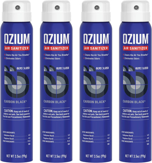 Ozium 3.5 Oz. Air Sanitizer & Odor Eliminator, Carbon Black Scent, 4 Pack for Homes, Cars, Offices