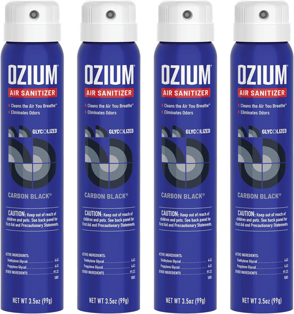 Ozium 3.5 Oz. Air Sanitizer & Odor Eliminator, Carbon Black Scent, 4 Pack for Homes, Cars, Offices