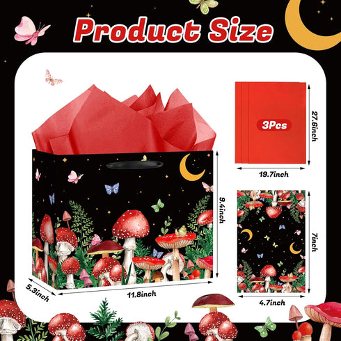Mushroom Gift Bag with Wrapping Paper and Card, Black Mushroom Birthday Party Bags with Butterfly and Starry Night
