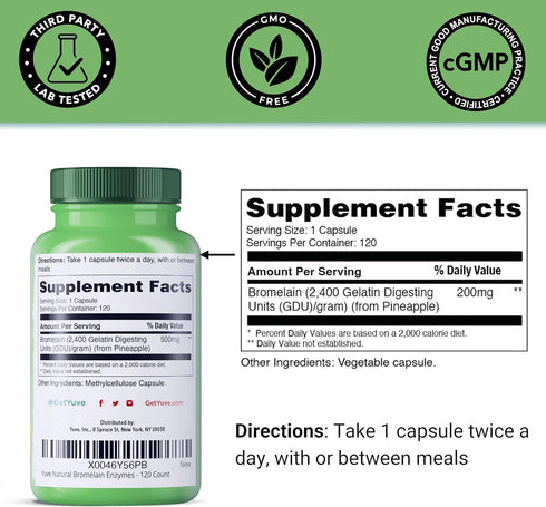 Yuve Bromelain 500mg - High Potency 2400GDU Supplement - Bromelain 500mg, Bromelain Powder - Gut & Joint Health - Fresh Pineapple - 120 Vegan Capsules