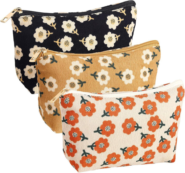Photect 3 Pcs Floral Makeup Bag, Corduroy Small Pouch, Canvas Cosmetic Mini Toiletry Zipper Bags