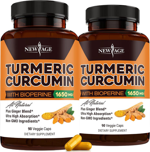 NEW AGE Turmeric Curcumin Capsules, Non-GMO, Gluten Free, 180 Count (Pack of 2)