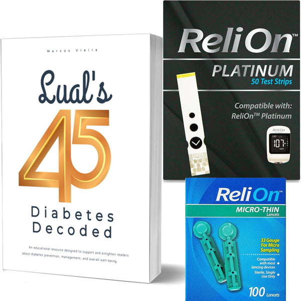 ReliOn Platinum Blood Glucose Test Strips, Micro-Thin Lancets Bundle (50 Test Strips + Lancets) with Lual's 45 Diabetes