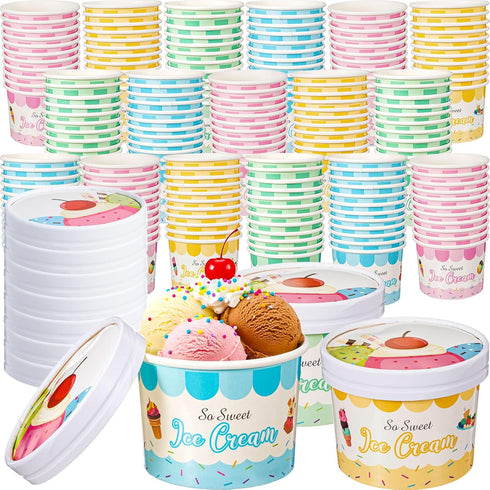 Jingmore 100 Pcs 12oz Paper Ice Cream Cups with Lids, Disposable Sundae Dessert