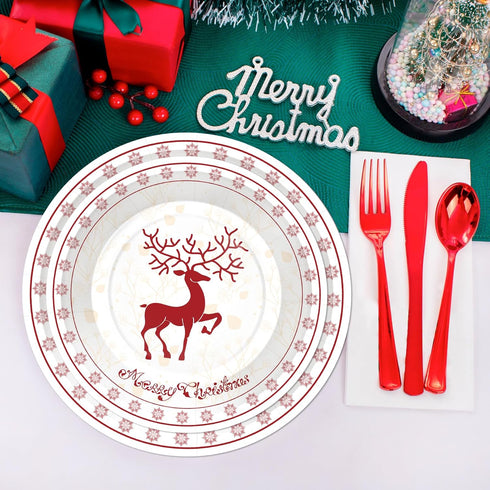 Xionpe 140-Pc Set 20 Christmas Disposable Tableware for Guests - Reindeer Themed Party Supplies with Dinner Plates