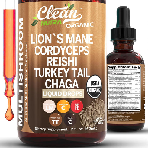 Mushroom Supplement Liquid Drops with Lions Mane Turkey Tail Cordyceps Reishi Chaga