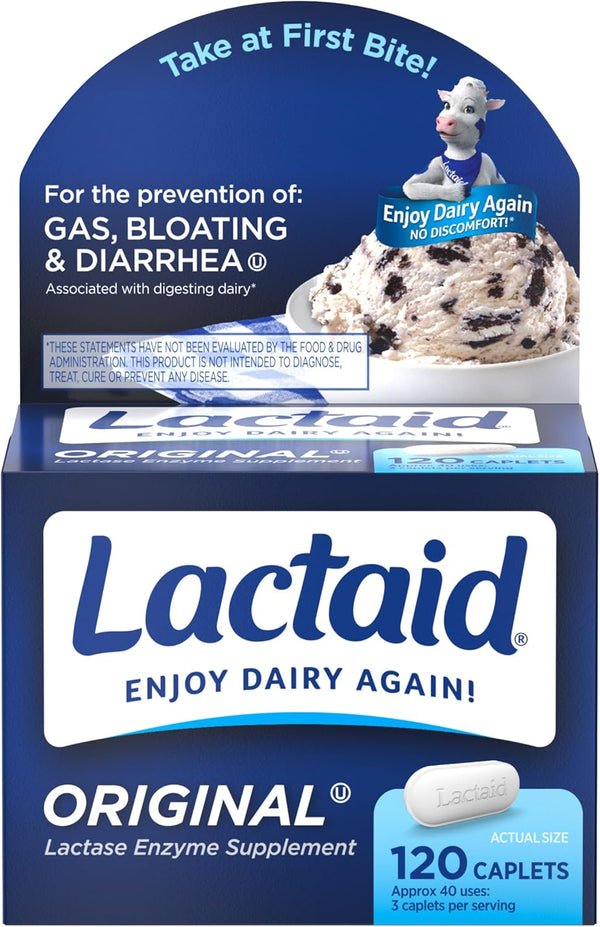 Lactaid Original Strength Lactose Intolerance Caplets, 9000 FCC Lactase Enzyme, 120 Count