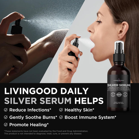 Livingood Daily Colloidal Silver Liquid Spray, Silver Serum (4 Fl Oz) - 10 PPM for Eyes, Mouth, Ears, Nose & Skin -