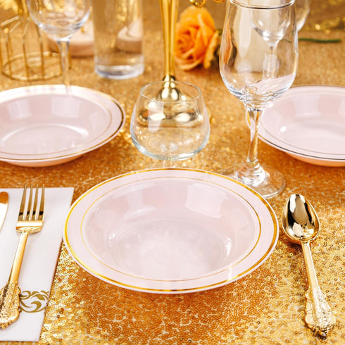 Nervure 50 Pack Pink Plastic Bowls with Gold Rim, 12oz Disposable Soup Bowls for Weddings, Parties, Everyday Use