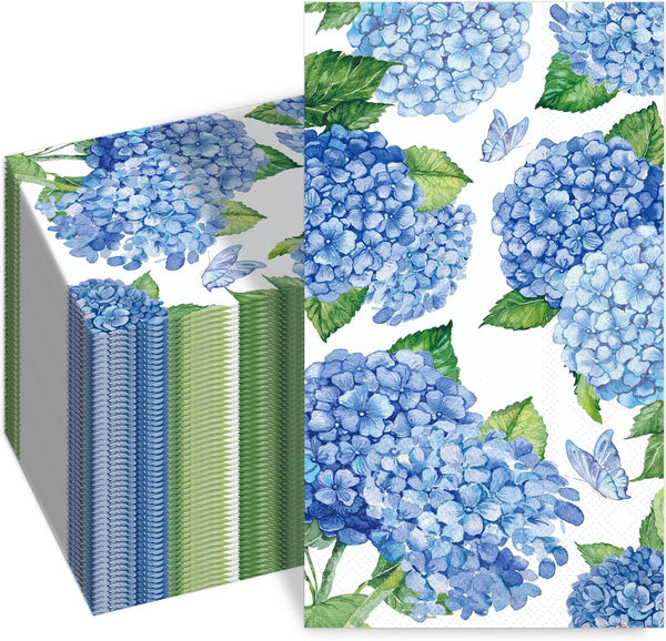 SMUAENSS 100 PCS Hydrangea Paper Napkins, Blue Hydrangea Floral Paper Napkins 3-Ply Disposable