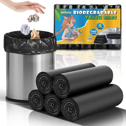 heihaily 6 Gallon Heavy-Duty Trash Bags - Biodegradable Black Medium Kitchen Garbage Bag