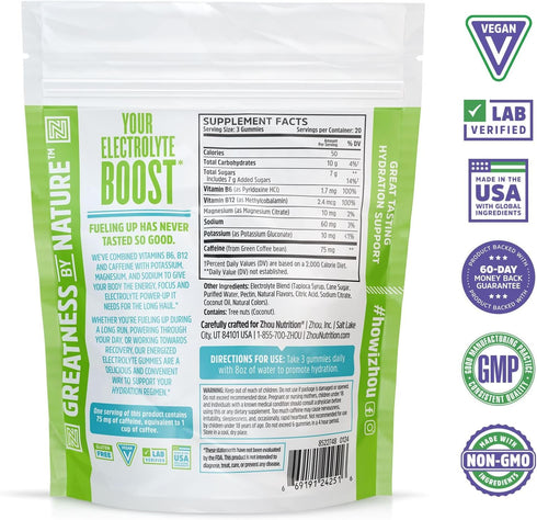 Zhou Nutrition Hydro-Fuel Plus Electrolyte Gummies, 75 mg Caffeine, Vegan, 20 Servings