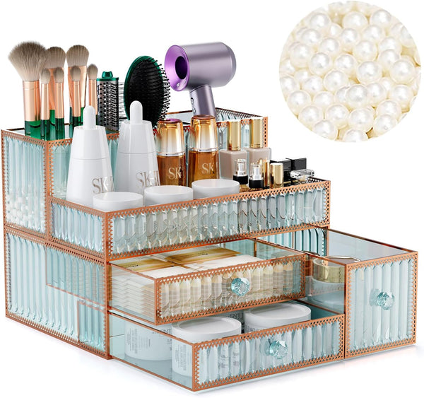 Makeup Organizer Cosmetic Organizer, Tempered Glass Vanity Organizer for Cosmetics, Hair Tools, Brushes, Perfume