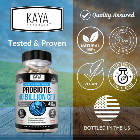 Kaya Naturals Probiotic 40 Billion CFU, 60 Vegetable Capsules, Natural Supplement for Gut Health & Immune Support