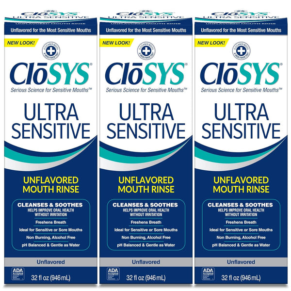 CloSYS Ultra Sensitive Mouthwash, Unflavored, Alcohol Free, Dye Free, pH Balanced - 32 Oz (Pack of 3)