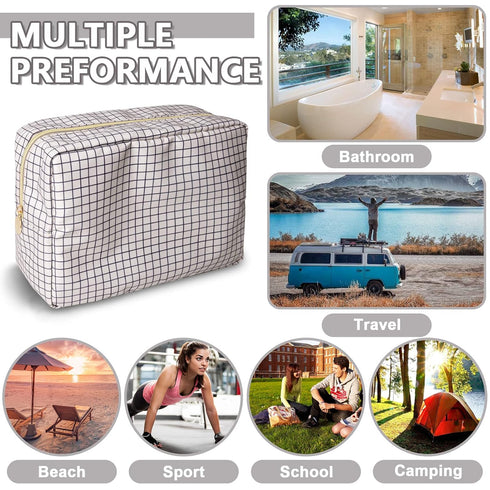 Waterproof Large Makeup Bag Pouch, Checkered Nylon Toiletry Storage Bag for Women, Big Organizer for Sport Work
