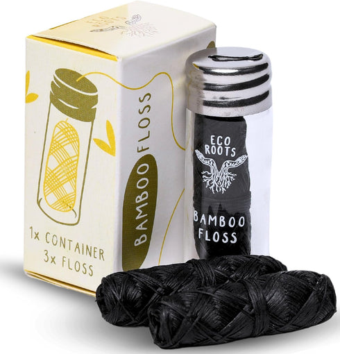Natural Bamboo Dental Floss: 1 Refillable Glass Container + 3 Biodegradable Floss Refills (33 Yards Each), Eco-Friendly