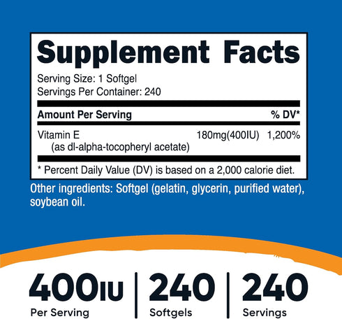Nutricost Vitamin E 400 IU, 240 Softgel Capsules - Gluten Free, Non-GMO