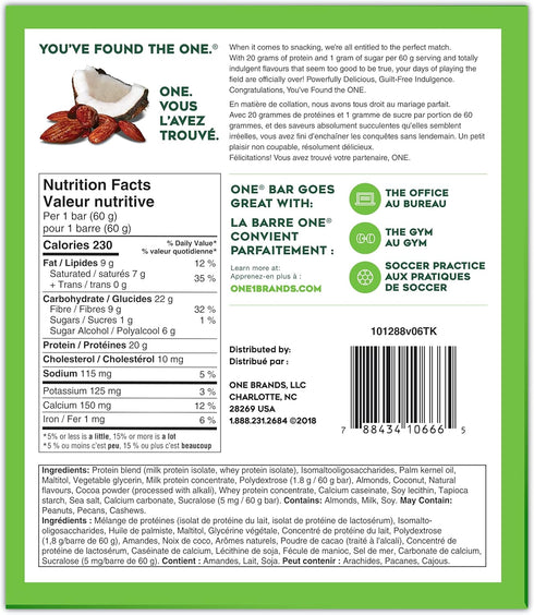 ONE Protein Bars, Almond Bliss - Gluten Free with 20g Protein, 1g Sugar, 2.12 oz (12 Pack)