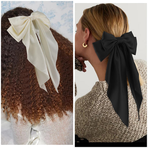 Silky Satin Hair Bows, 2Pcs Big Oversized Hair Bows for Women, White and Black