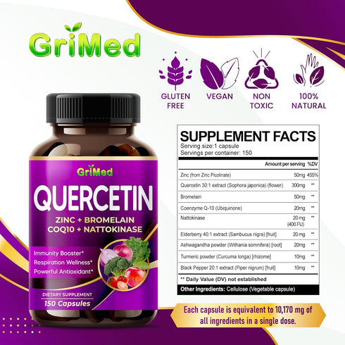 Quercetin 19,800mg with Zinc, Bromelain, CoQ10 + Nattokinase - Immunity Booster, 150 Count Made in USA