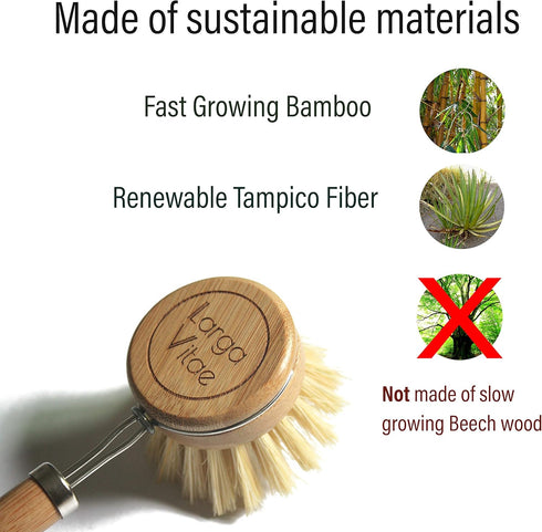 Wooden Dish Brush Made of Bamboo Wood and Natural Bristle, Includes 5 Replacement Brush Heads, Kitchen Scrubber