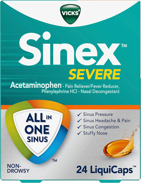 Vicks Sinex SEVERE LiquiCaps, Maximum Strength Sinus Relief, Non-Drowsy, 24 LiquiCaps for Headache & Congestion