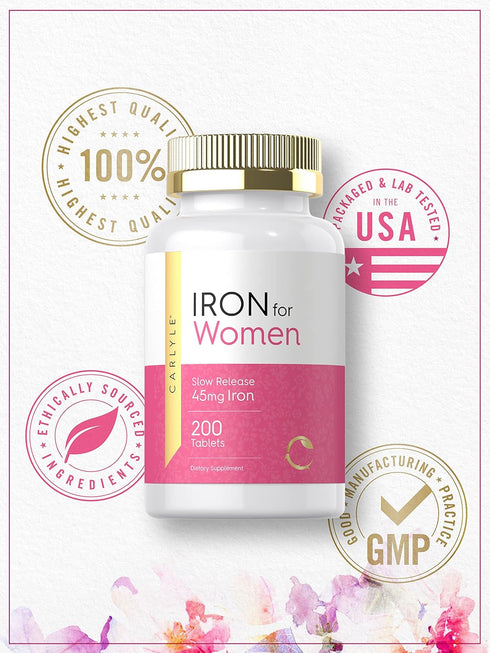Carlyle Iron Pills for Women - 45mg, 200 Slow Release Tablets, Vegetarian, Non-GMO, Gluten Free