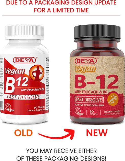 DEVA Vegan Vitamin B12 Fast Dissolve Supplement - 1000 Mcg, Lemon Flavor, 90 Tablets