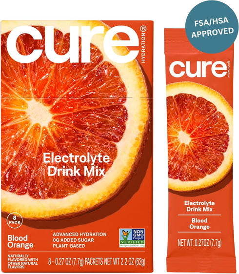 Cure Hydration Blood Orange | Plant-Based Electrolyte Drink Mix | No Added Sugar | Coconut Water Powder | Vegan | Box