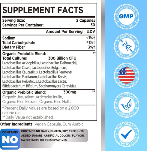 300 Billion CFU Probiotic, Probiotics for Women Men, 12 Probiotics Strains + 3 Prebiotics, Daily Probiotic Supplement, Probiotics for Digestive Health, Immune, Gut & Bloating, Shelf Stable, 60 Counts