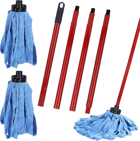 Microfiber Mop Cloth Heads Replacements: One Mop Handle with Two Blue Microfiber Cloth Heads Compatible with All