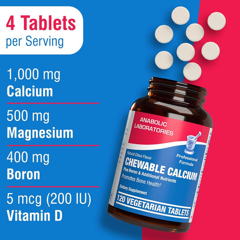 Chewable Calcium Supplement 1000mg - 120 Vegetarian Tablets with Vitamin D, Magnesium, Boron - Citrus Flavor