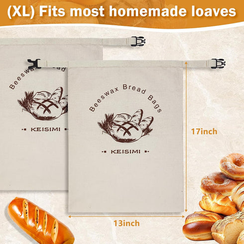 KEISIMI 2 Pack -17 13inch Reusable Bread Bags for Homemade Bread, Beeswax Bread Bags for Sourdough, Cotton Linen Food