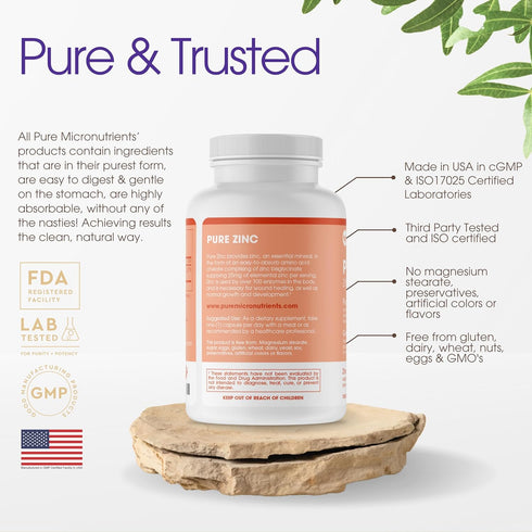 Pure Zinc Supplement, Natural Zinc Glycinate 25mg, 120 Capsules - Pure Micronutrients