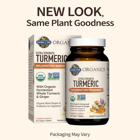 Garden of Life Organics Extra Strength Turmeric - 120 Tablets with 100mg Curcumin, Black Pepper, Probiotics