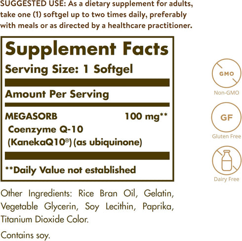 Solgar Megasorb CoQ-10 100 mg, 90 Softgels - Supports Heart Function & Healthy Aging - Coenzyme Q10 Supplement - Enhanced Absorption - Non-GMO, Gluten Free, Dairy Free - 90 Servings