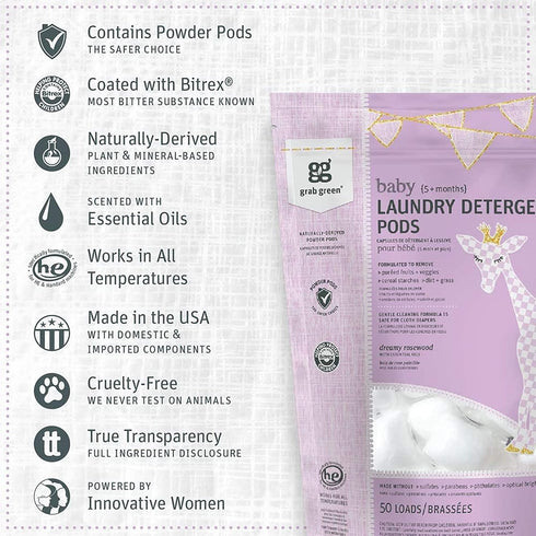 Grab Green Baby Laundry Detergent Pods and Dryer Sheets Bundle, 50 Count Pods and 80 Dryer Sheets, Dreamy Rosewood Scent, Plant and Mineral Based Laundry Care Set