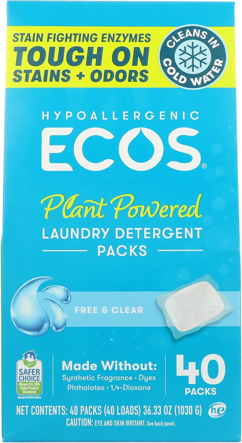 Ecos, Free And Clear Laundry Detergent Packs, 40 Count