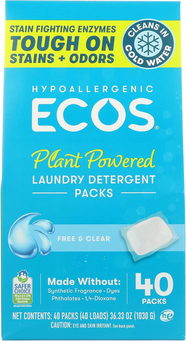 Ecos, Free And Clear Laundry Detergent Packs, 40 Count