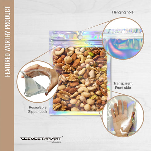100 Pack Holographic Resealable Bags, Clear Front Mylar Ziplock Pouches for Multipurpose Storage (4"x6") by Cosmostarart