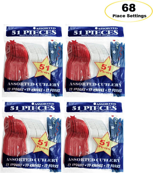 Party Essentials Patriotic Hard Plastic Combo Pack, Disposable Cutlery, Red/White/Blue, 204 Pieces/68 Place Settings.