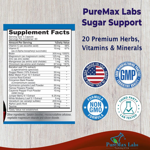Sugar Support Supplement with Cinnamon, Chromium, Mulberry, Alpha Lipoic Acid - 20 Herbs & Vitamins - Non-GMO, 60 Capsules