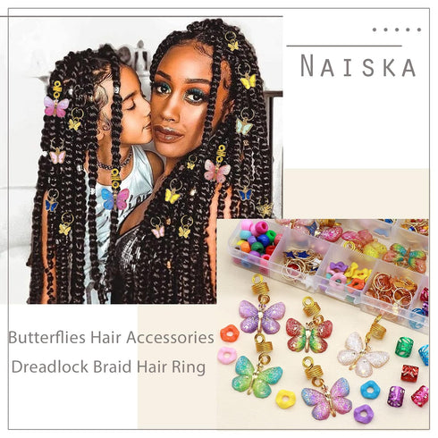 NAISKA 138Pcs Gold Butterfly Braid Hair Accessories, Colorful Beads for Hair Braids, Handmade Jewelry Charms for Women