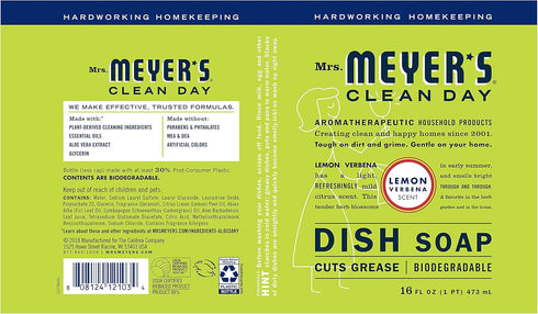 Mrs. Meyer's Clean Day Liquid Dish Soap (Lemon Verbena Scent, 16 oz) - Cruelty Free, Non-Toxic, Pack of 6