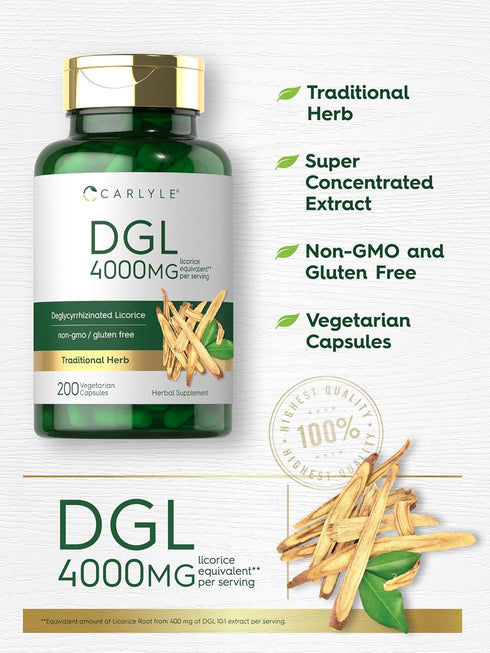 Carlyle DGL Deglycyrrhizinated Licorice Capsules | 200 Count | 4000mg | Vegetarian, Non-GMO & Gluten Free Supplement