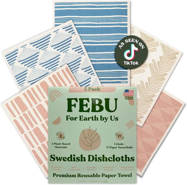 FEBU Swedish Dishcloths for Kitchen, 5 Pack Sunset Reusable Paper Towels, Biodegradable Cleaning Cloths