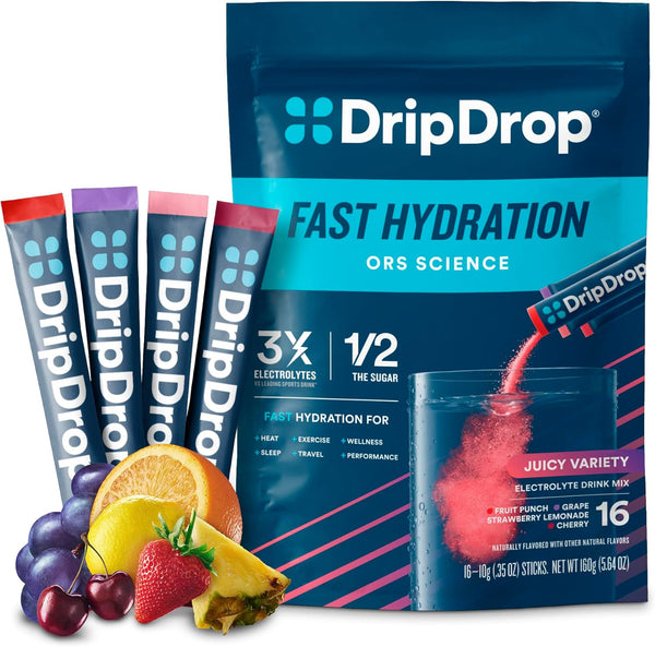 DripDrop Hydration Juicy Variety Pack - Electrolyte Drink Mix Single-Serve Packets (16 Servings)