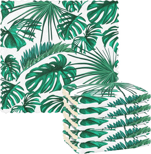 SUABO Monstera Palm Tree Leaf Kitchen Towels, 6 Pack Reusable Cleaning Dish Cloths for Kitchen